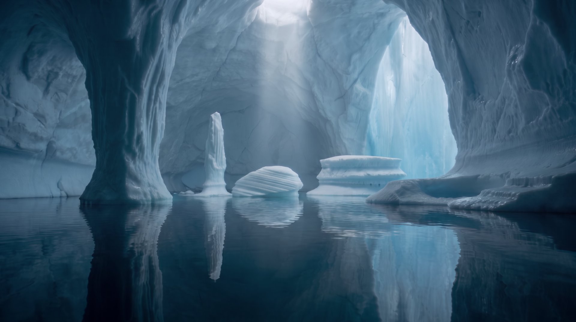 A wide chamber inside the iceberg at the waterline, with ice formations standing in still water.