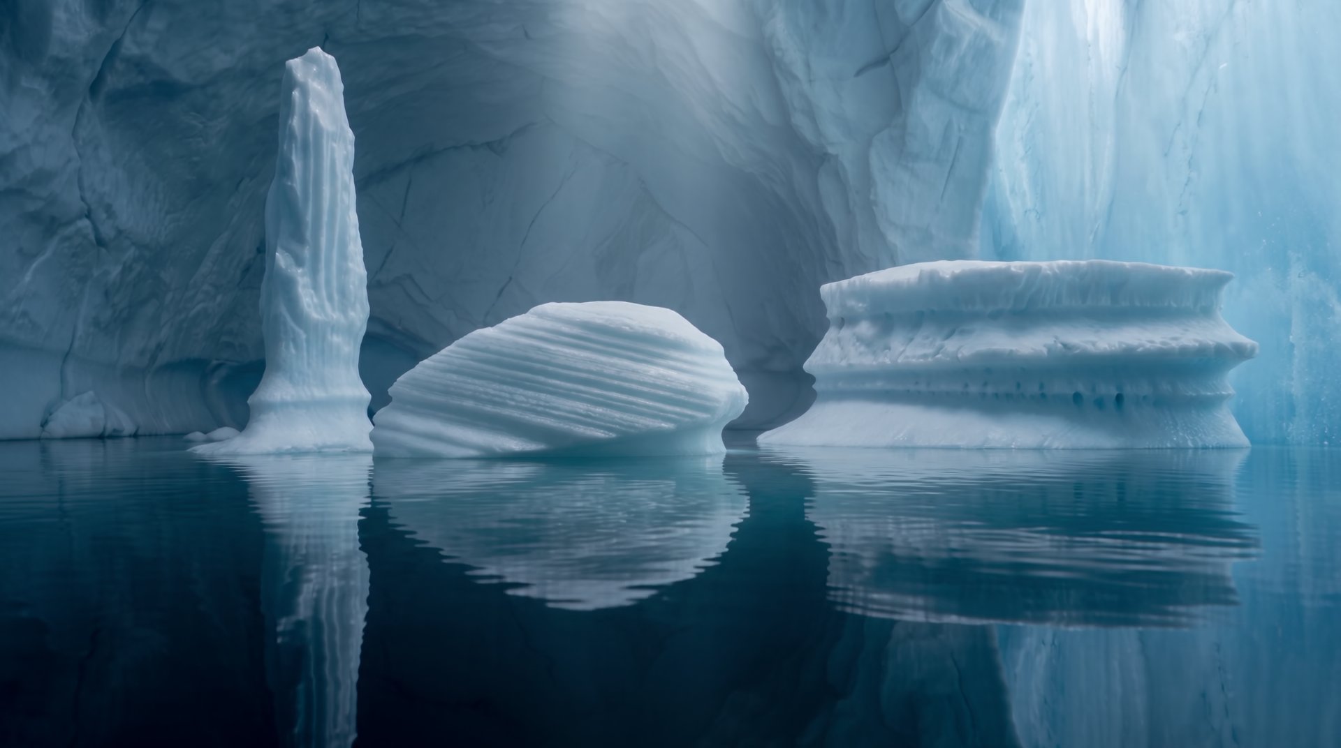 Three separate ice formations of different shapes standing in still water inside the iceberg.
