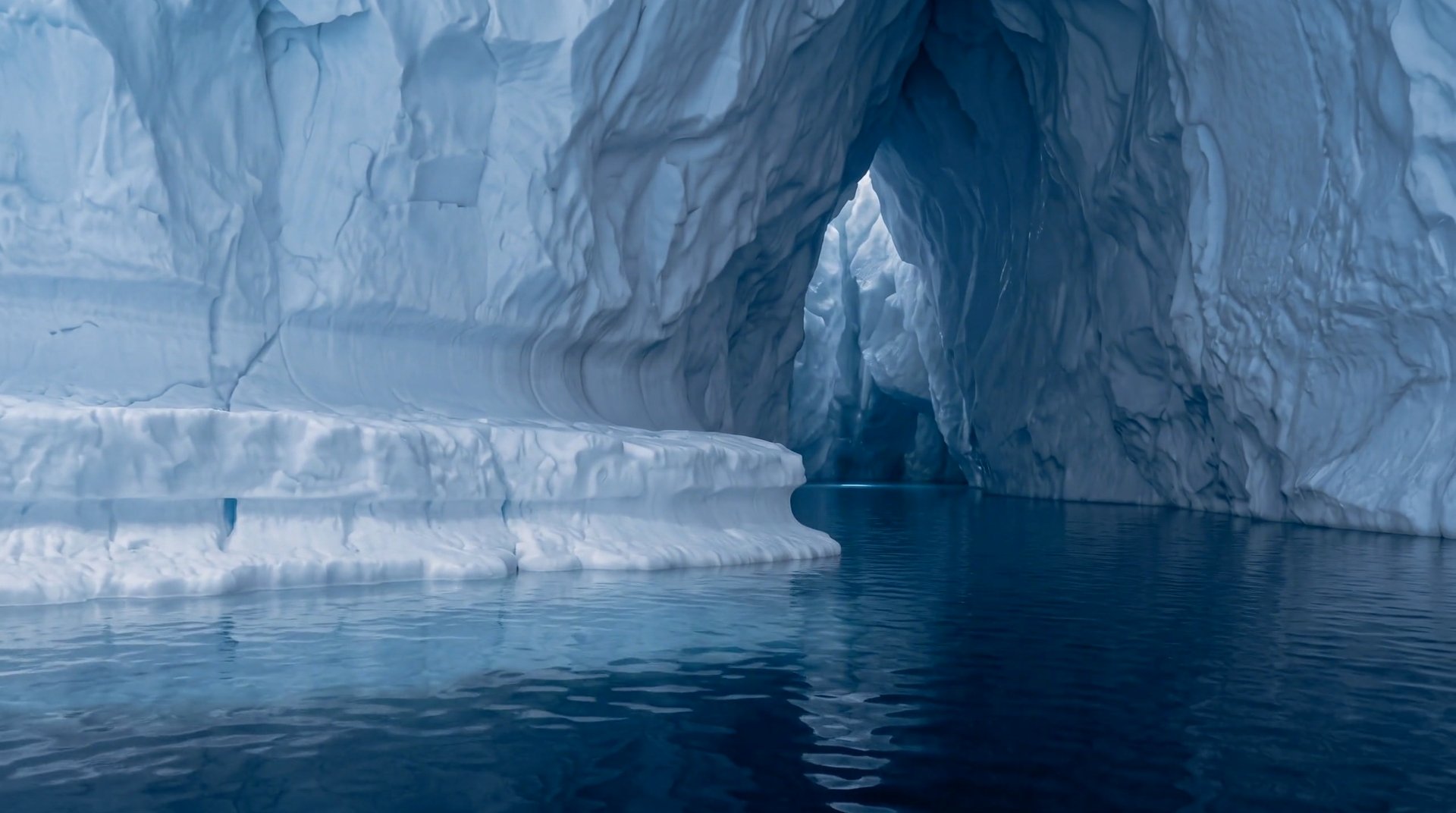 A wall of exceptionally clear ice inside the iceberg, with diffuse ocean light coming through from outside.