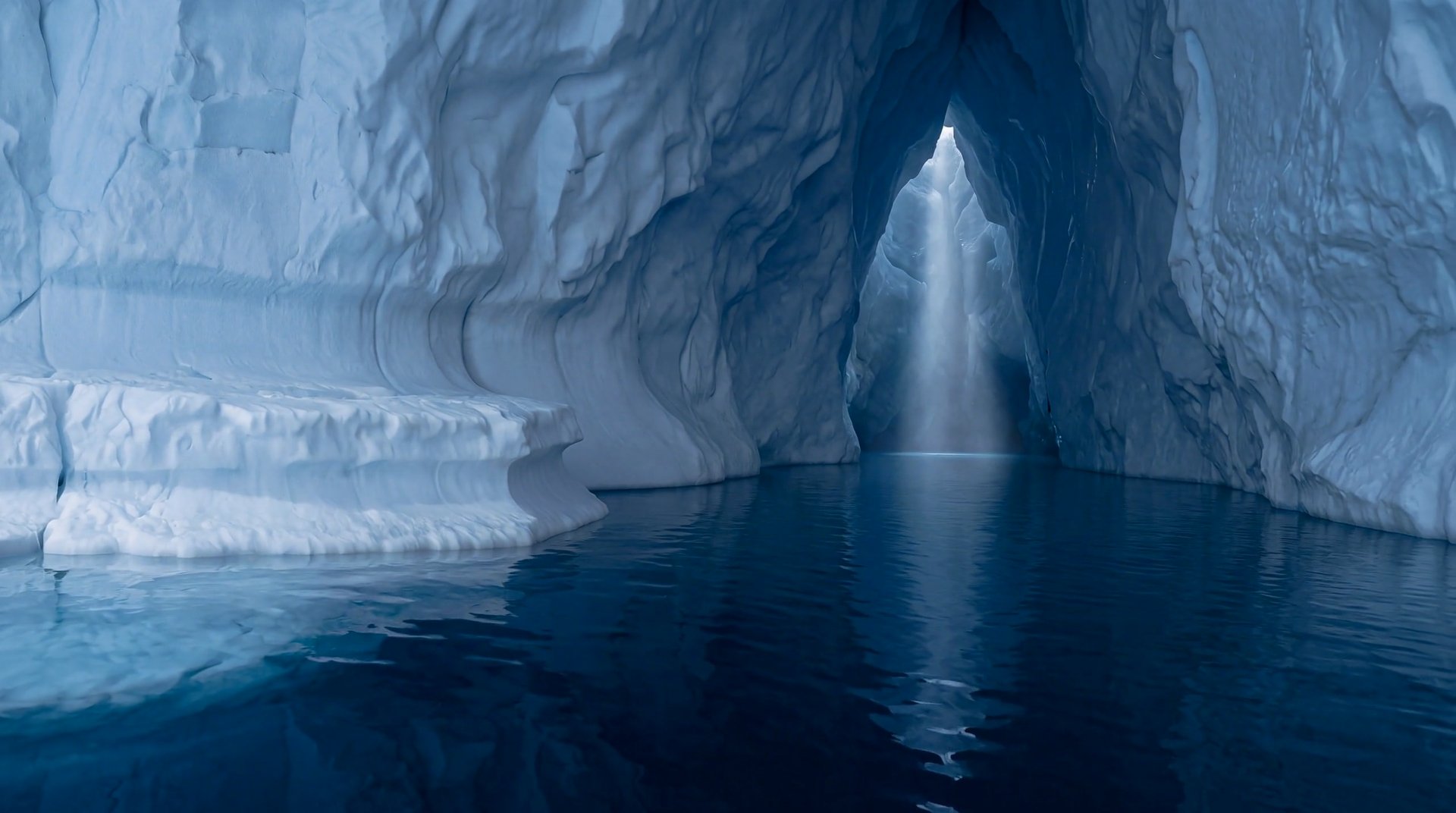 A single column of daylight falling through a natural shaft in the ice onto still water.