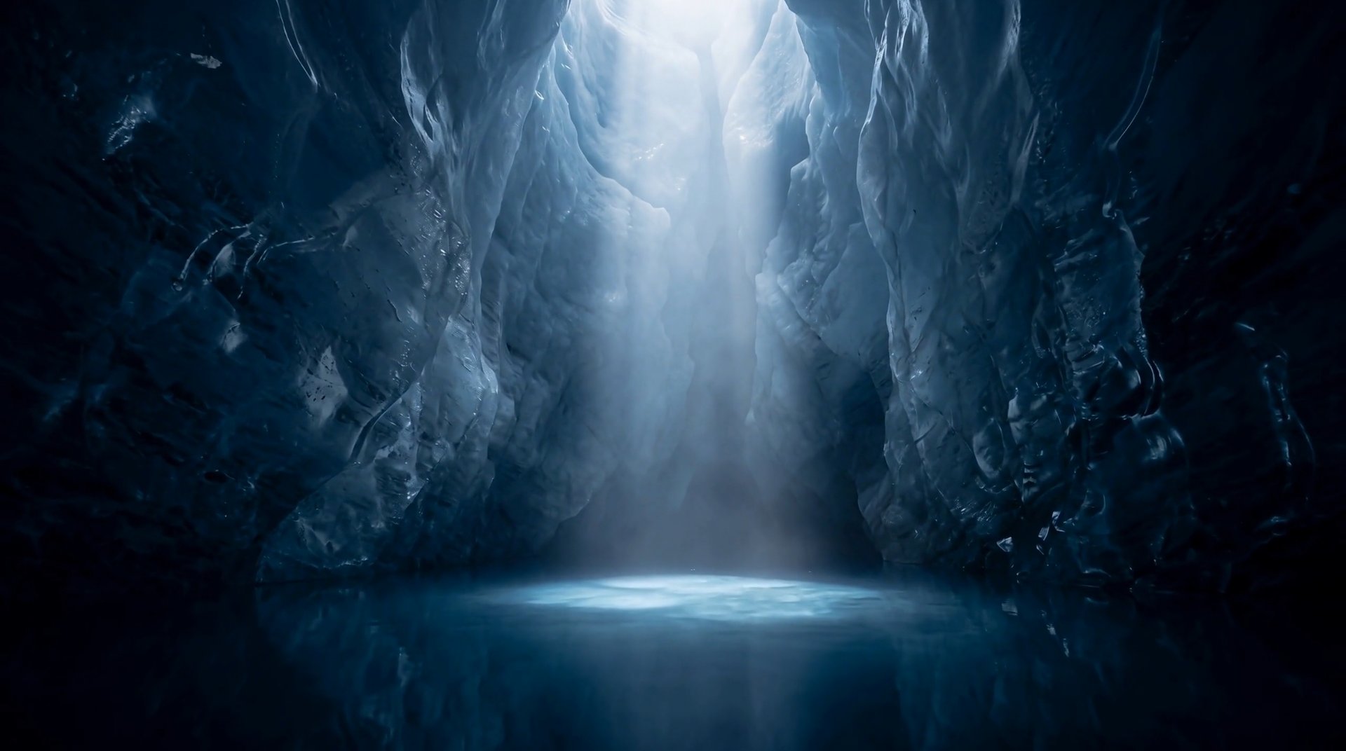 The chamber inside the iceberg rising toward bright daylight at the ocean surface.